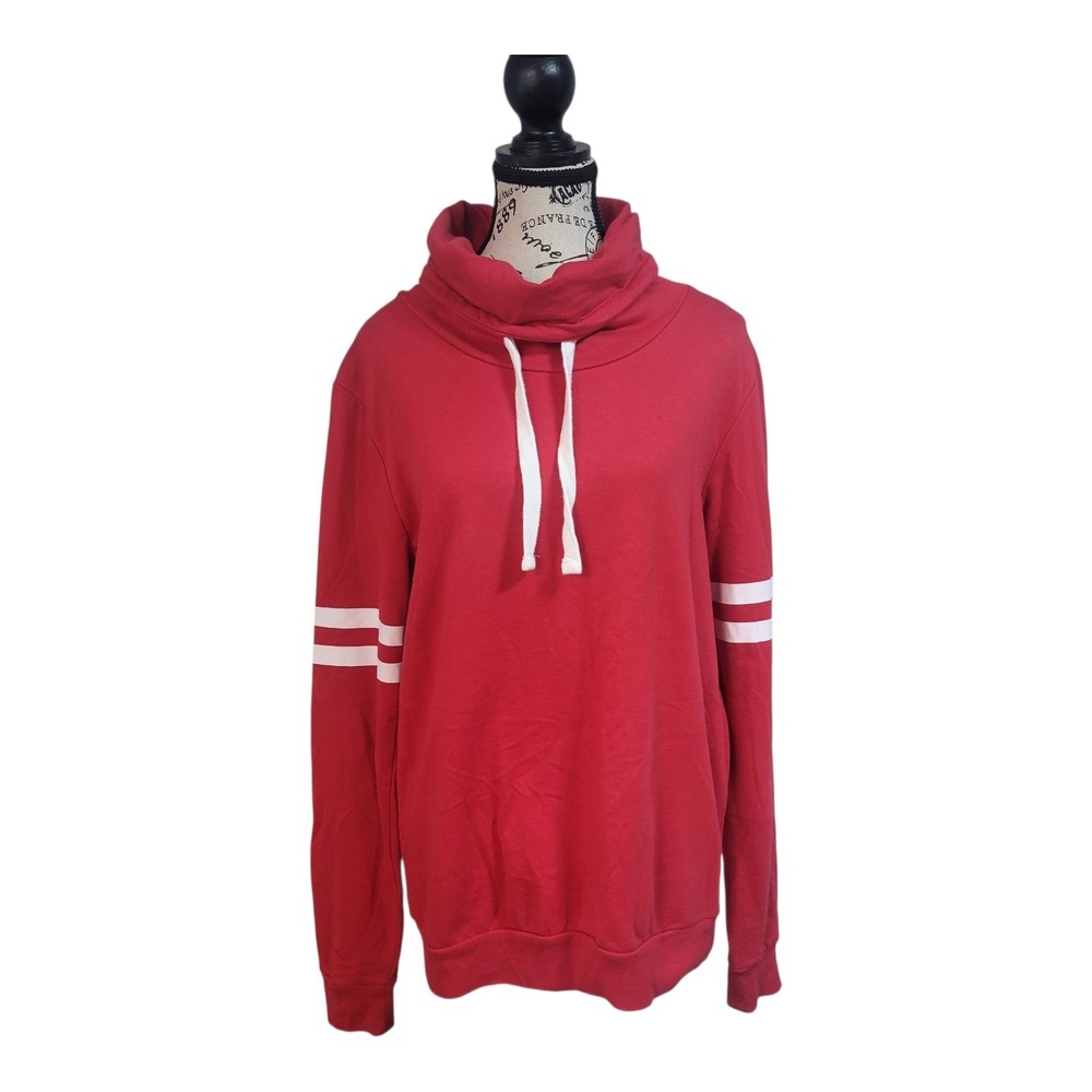 On Fire Women's Sweatshirt Drawstring Red With White Stripes On Sleeves‎ L